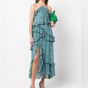 cinq a sept Blue-Green Ruffled Strapless Midi Dress
